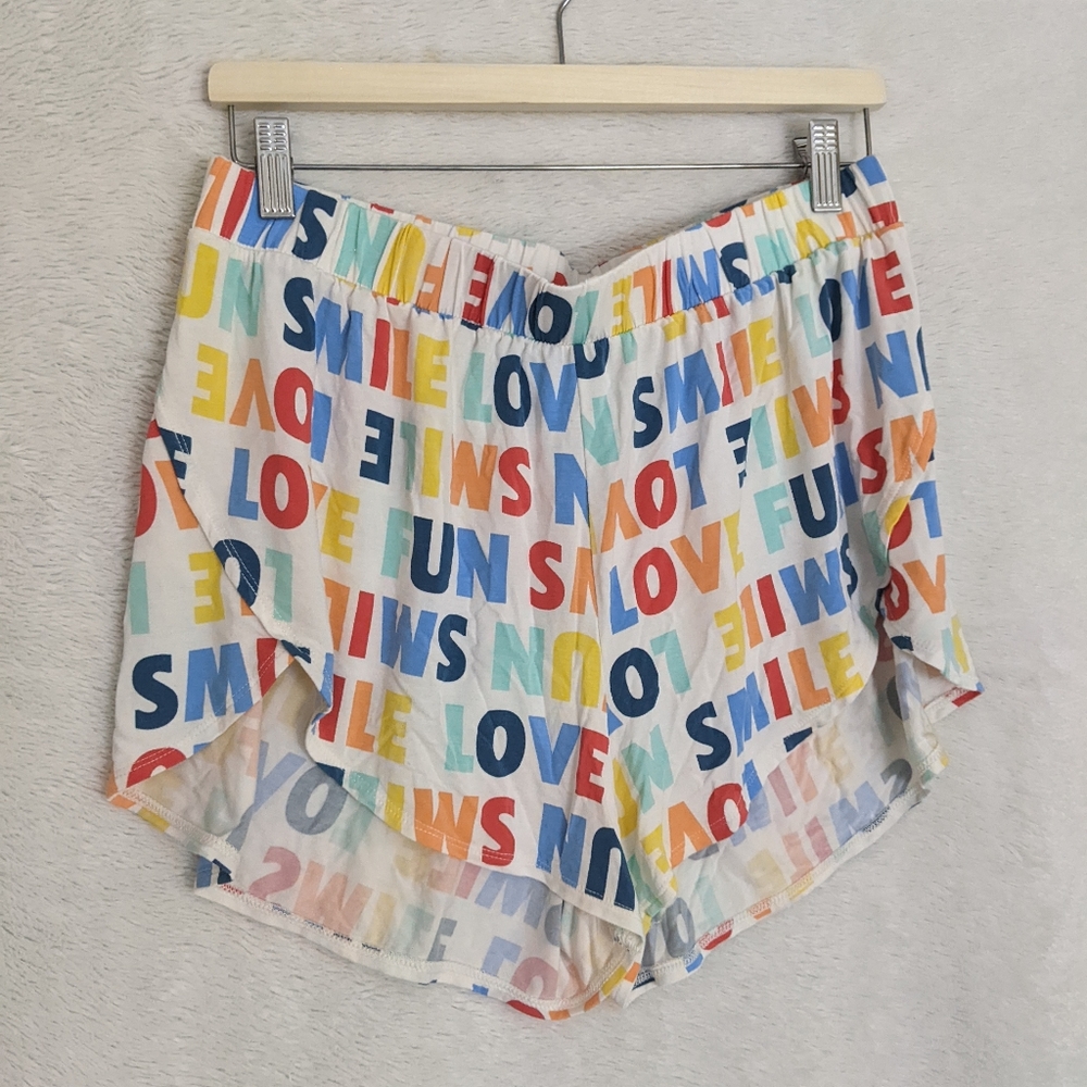 Old Navy Medium Sunday Sleep Pajama Shorts, Rainbow Text "Smile Love Fun"